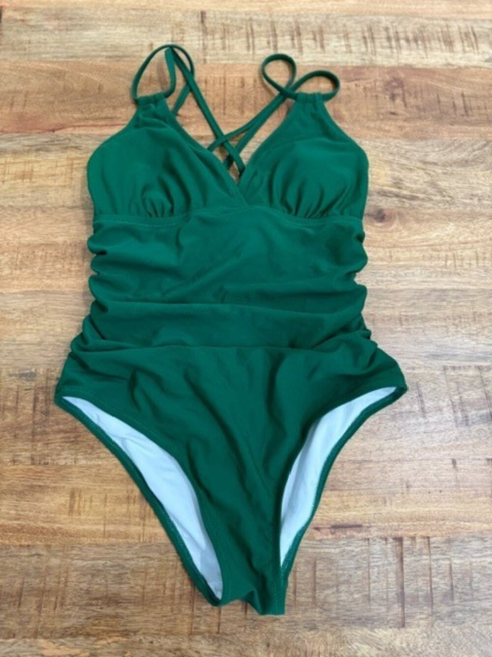 Charmo Tummy Control one Piece Swimsuit Green Ruched Bathing Suit Strappy Small